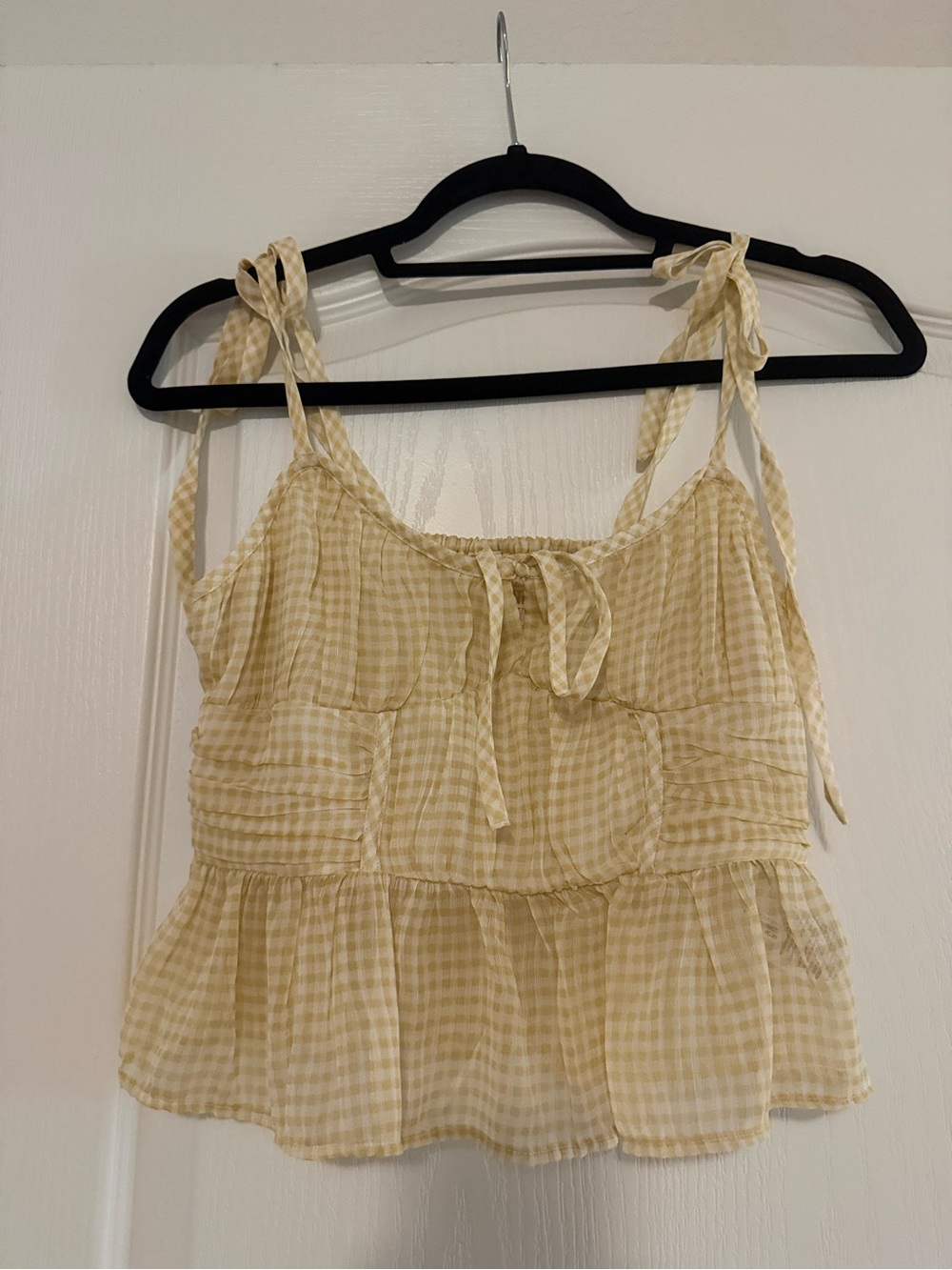 American Eagle Light Yellow Gingham Tie-Shoulder Peplum Tank Top- XS